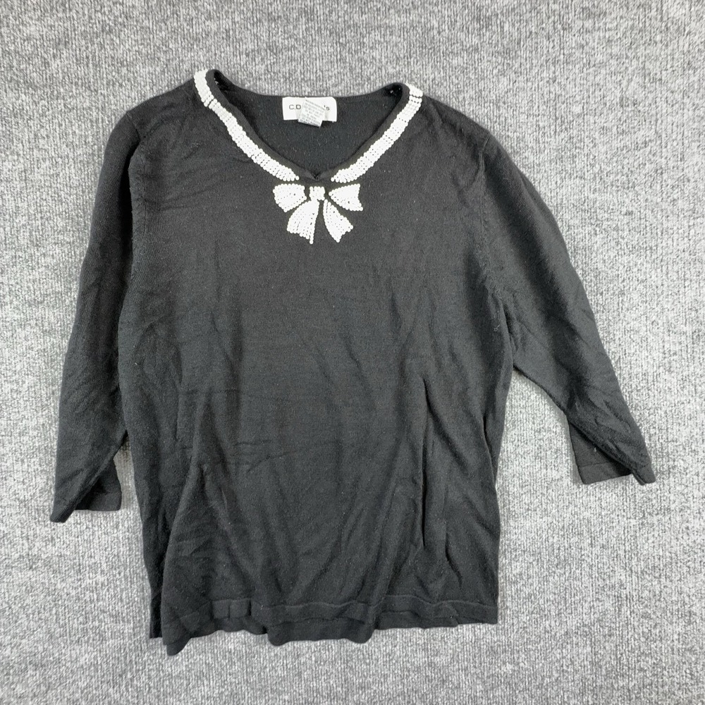 C.D. Daniels Sweater Womens 0X Black Beaded‎ Bow V Neck 3/4 Sleeve Knit Pullover